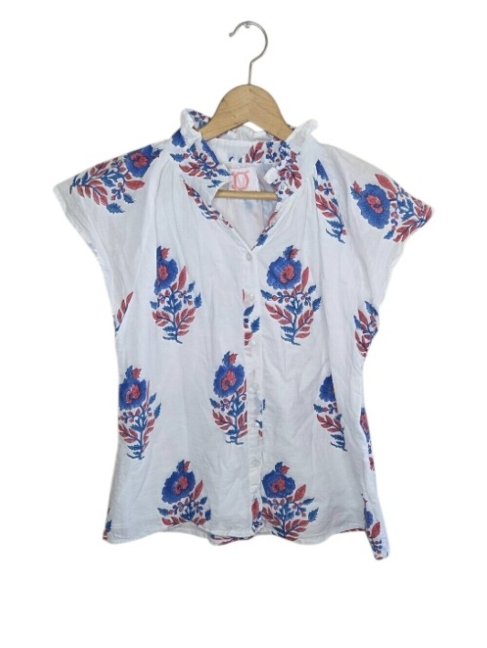 Victoria Dunn White Red Blue Floral Bays Cotton Cap Sleeve Blouse Preppy Summer